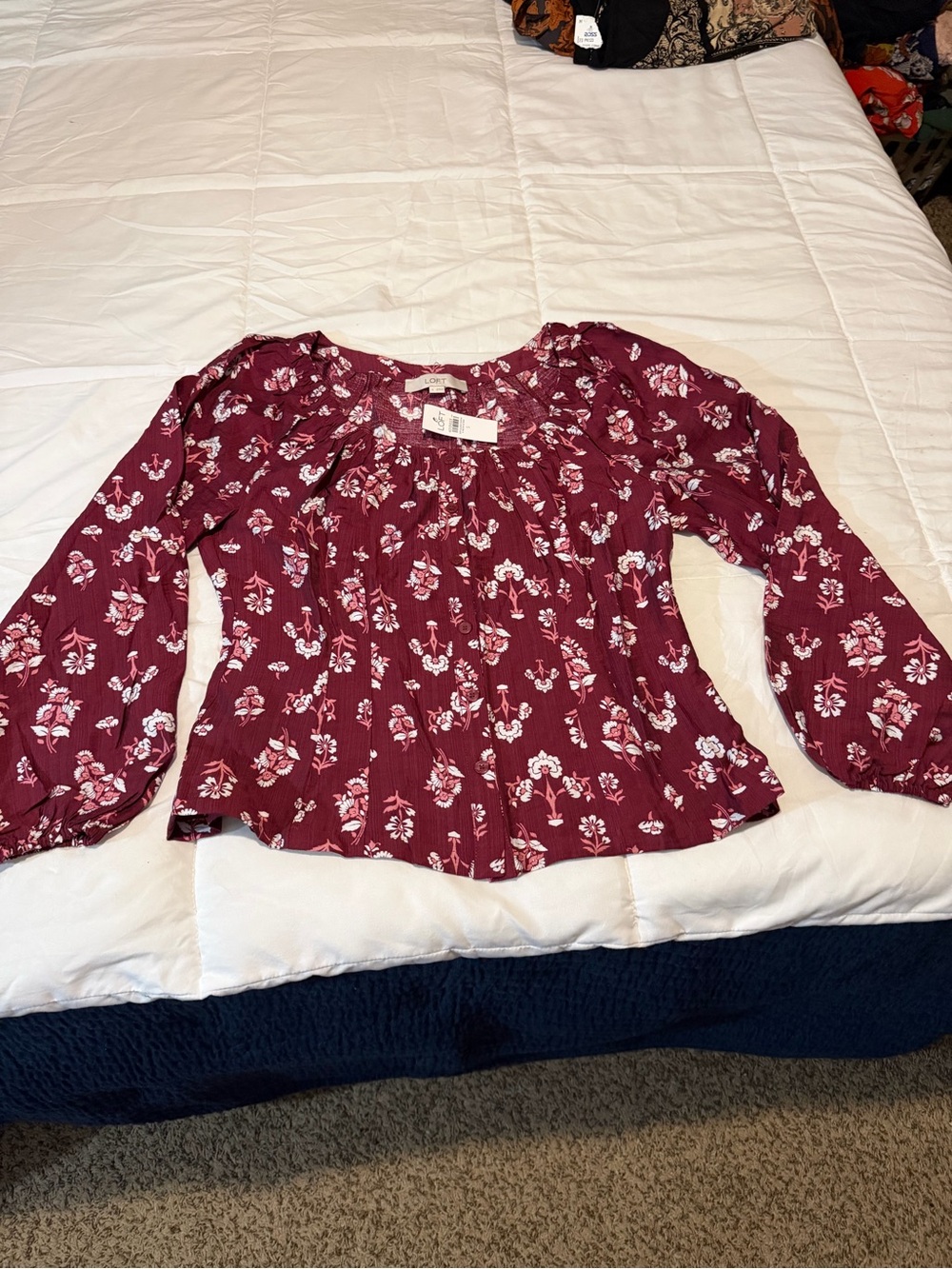 LOFT Wine Floral Peasant Top